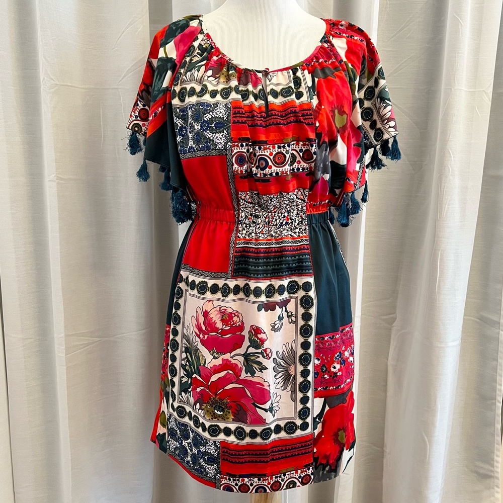 Anthropologie Red Floral Patchwork Tassel-Sleeve Dress